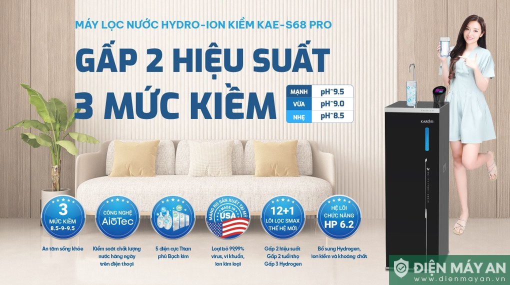 Máy lọc nước RO Hydro-ion kiềm Karofi KAE-S68 PRO 13 lõi